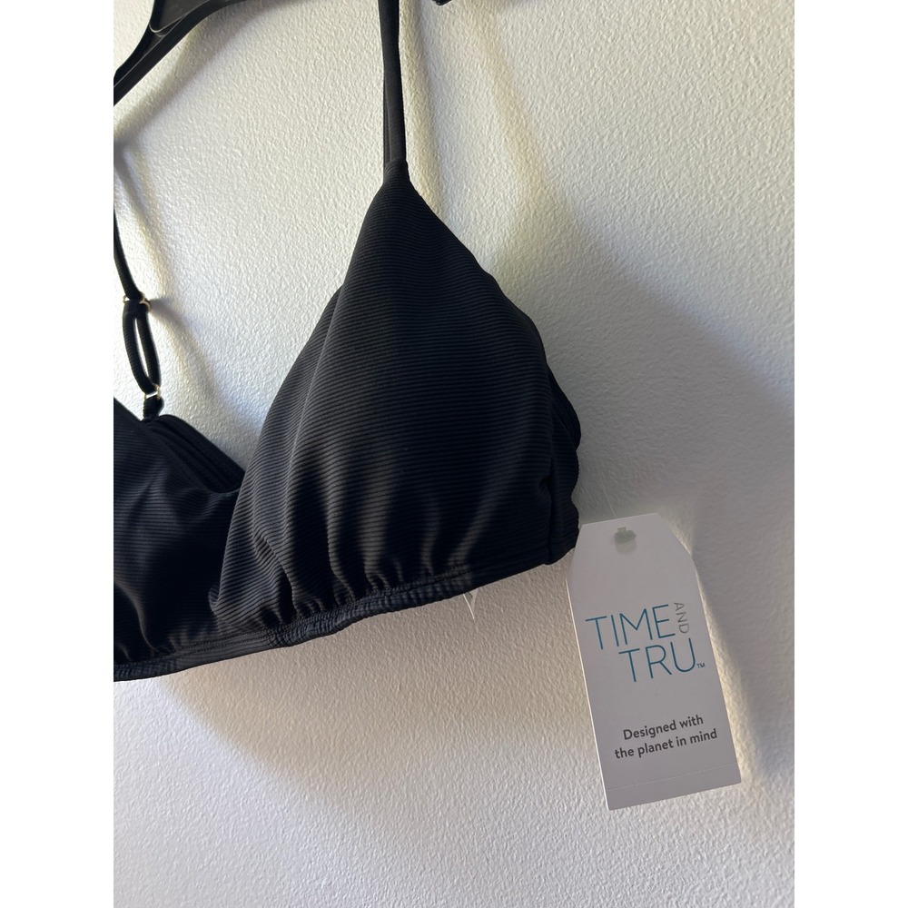 Time and Tru Womens Ribbed Triangle Bikini Top Black Size L 12-14 NWT - Picture 2 of 4